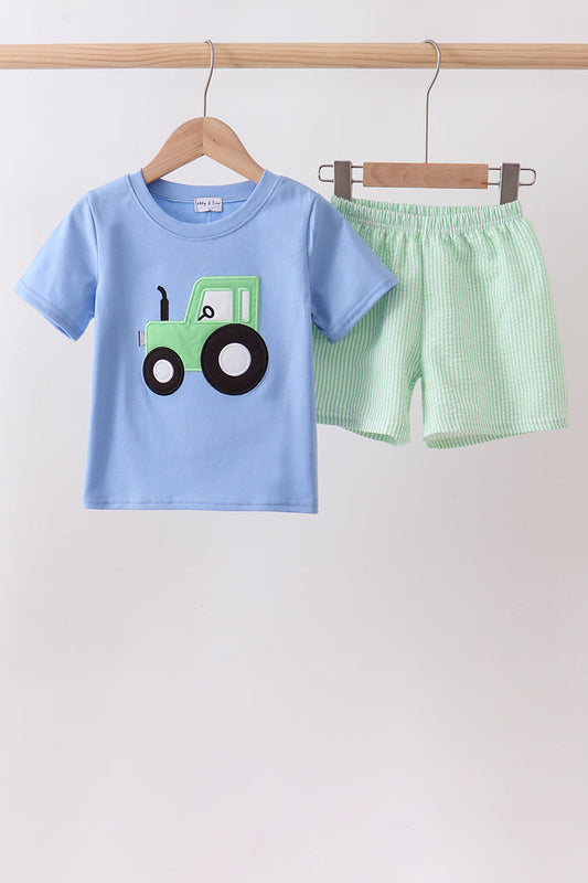 Blue Tractor Seersucker Boy Set