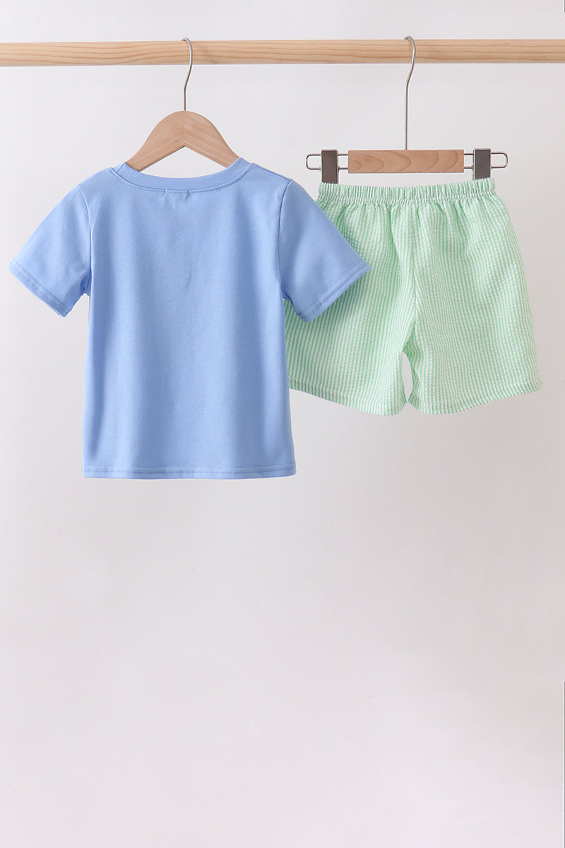 Blue Tractor Seersucker Boy Set