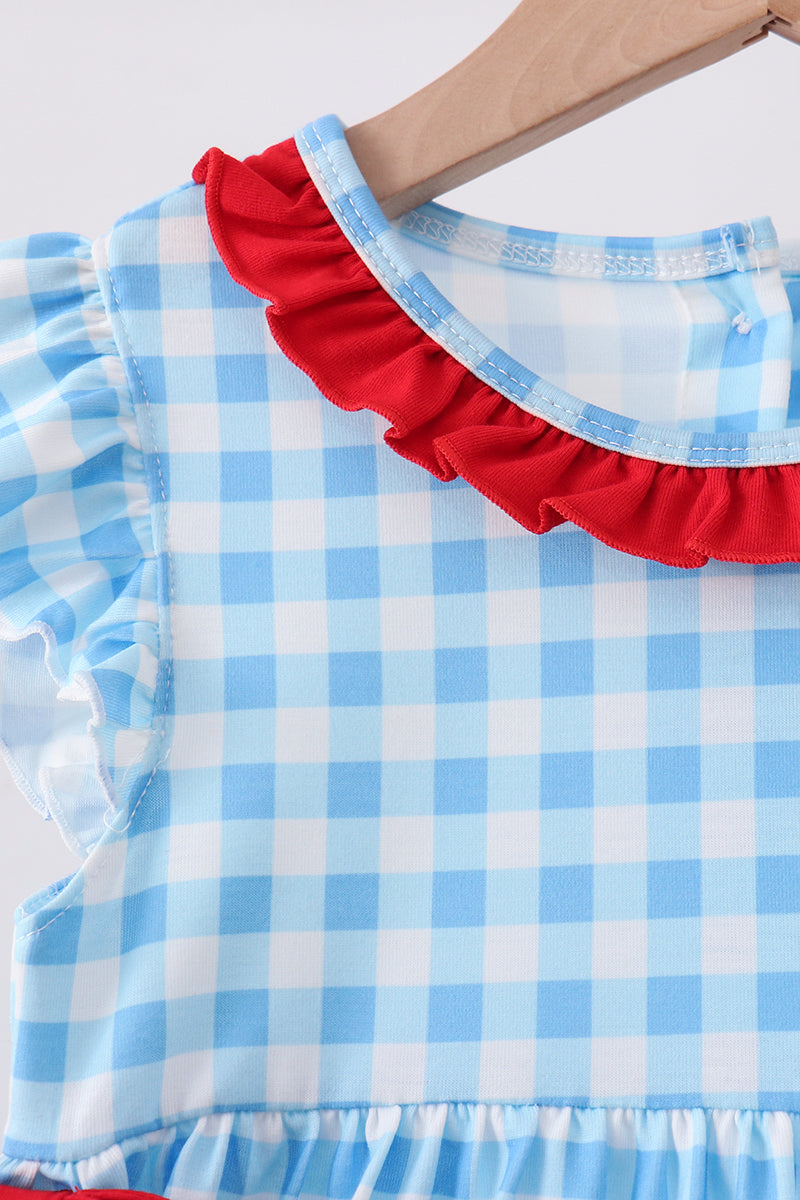 Blue Apple Applique Gingham Ruffle