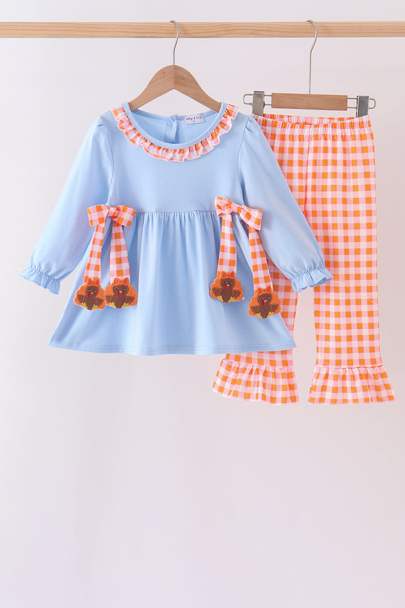 Blue Turkey Gingham Ruffle Pants Set