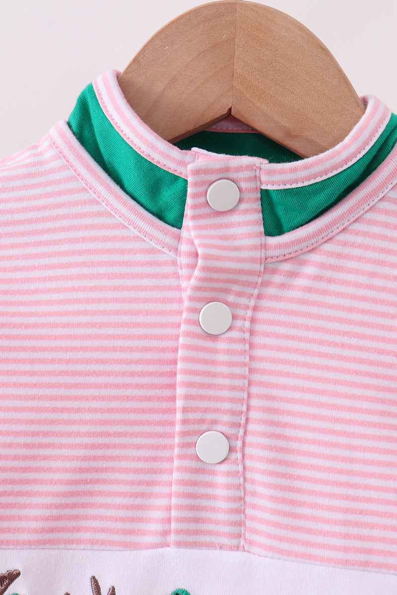 Pink Stripe Duck Embroidery Ruffle Pullover