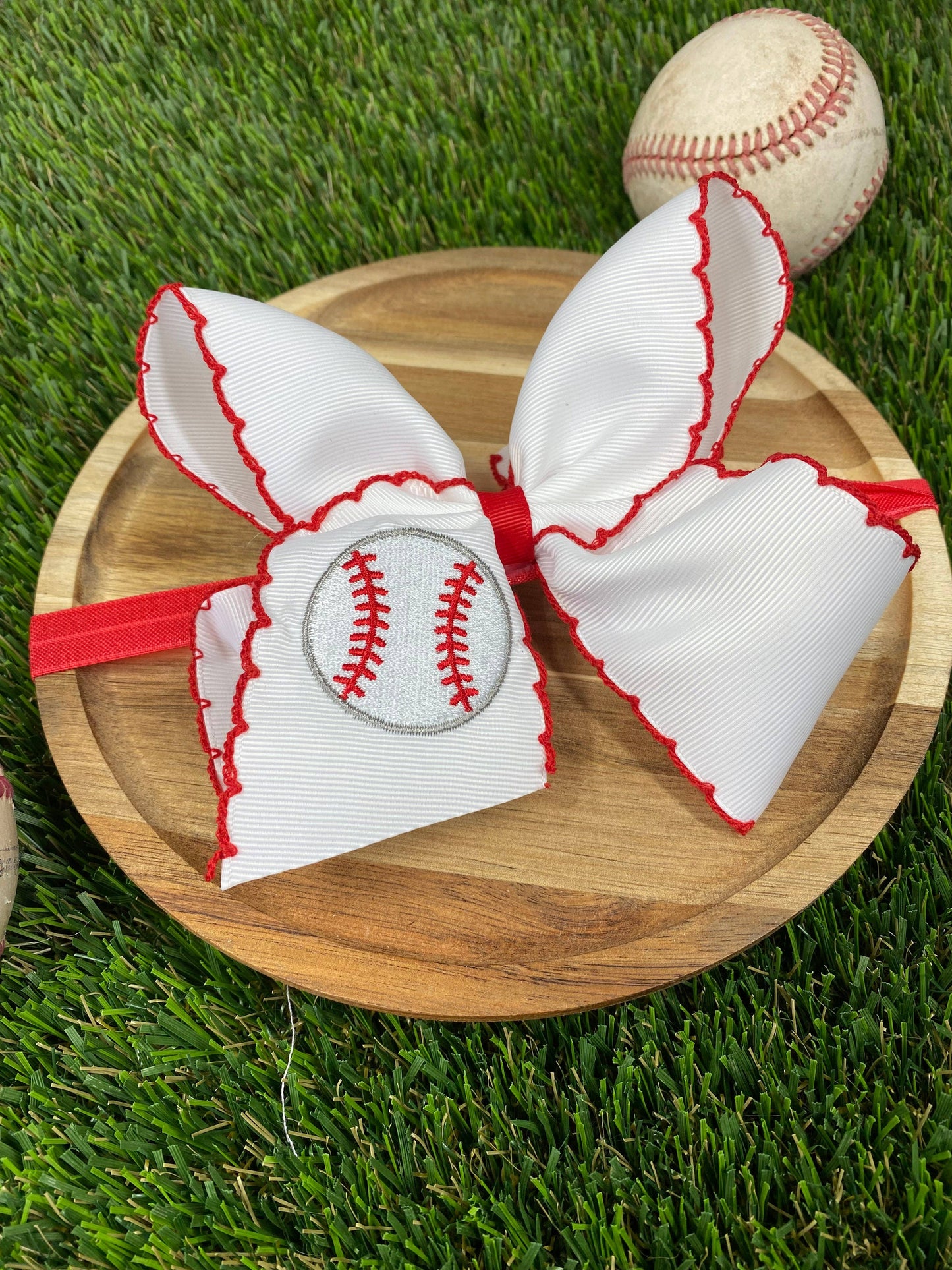Moonstitch Embroidered Baseball Classic Hair Bow | Clip or Headband: Satin Elastic Headband