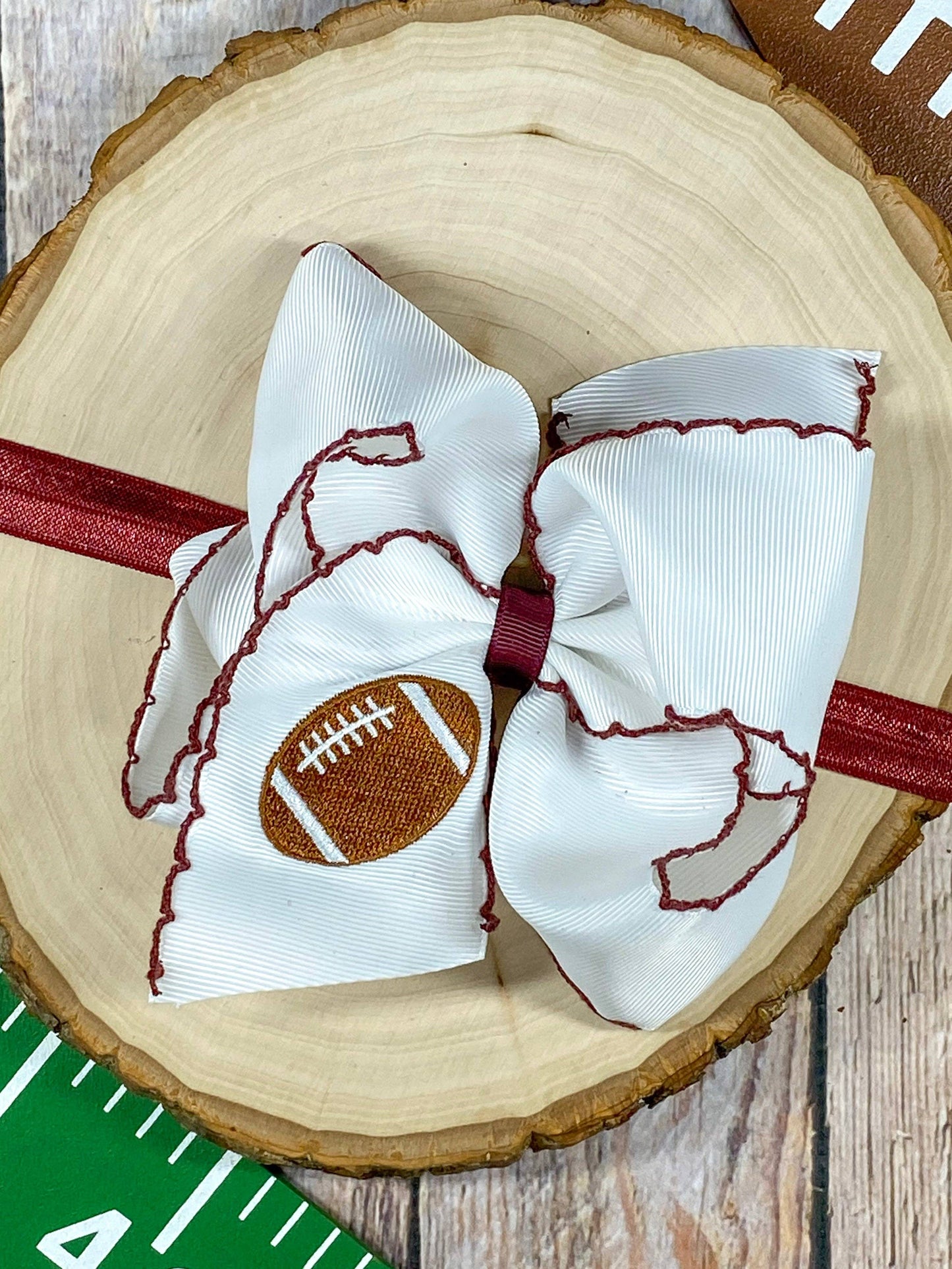 Football Embroidered Moonstitch Bow Headbands: Blue/White
