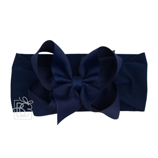 WIDE PANTYHOSE HEADBAND W/CLASSIC GROSGRAIN BOW: NAVY / 3+ Months / 4.5" Large