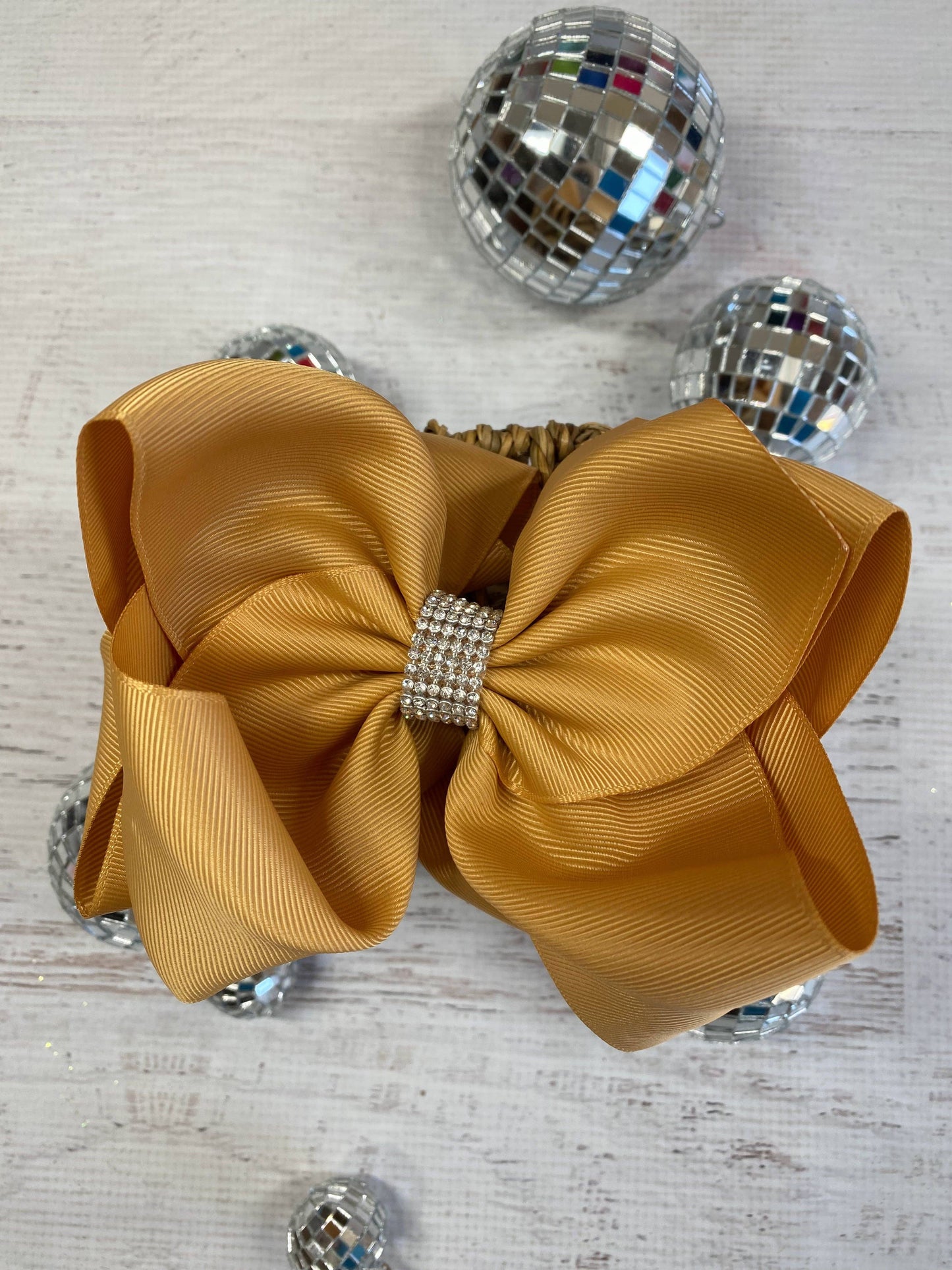 Oversize Rhinestone Hair Bows - French Clip - 5.5": Gold