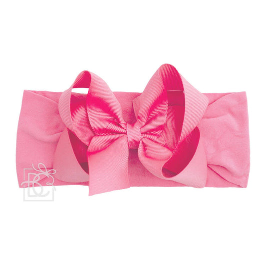 WIDE PANTYHOSE HEADBAND W/CLASSIC GROSGRAIN BOW: HOT PINK / 3+ Months / 4.5" Large