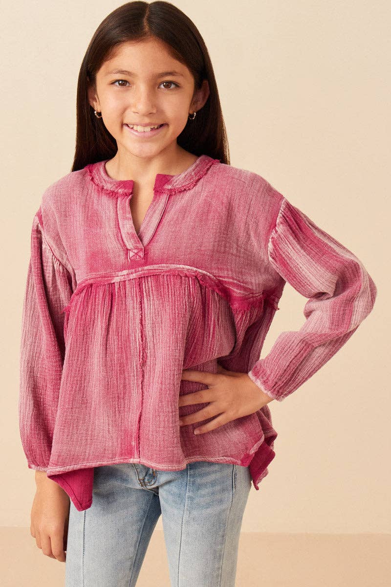 Girls Washed Raw Edge Puff Sleeve Peplum Top