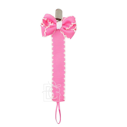 Crochet Edge Grosgrain Pacifier Clip w/ Detachable Bow: Hot Pink W/ White Crochet Edge