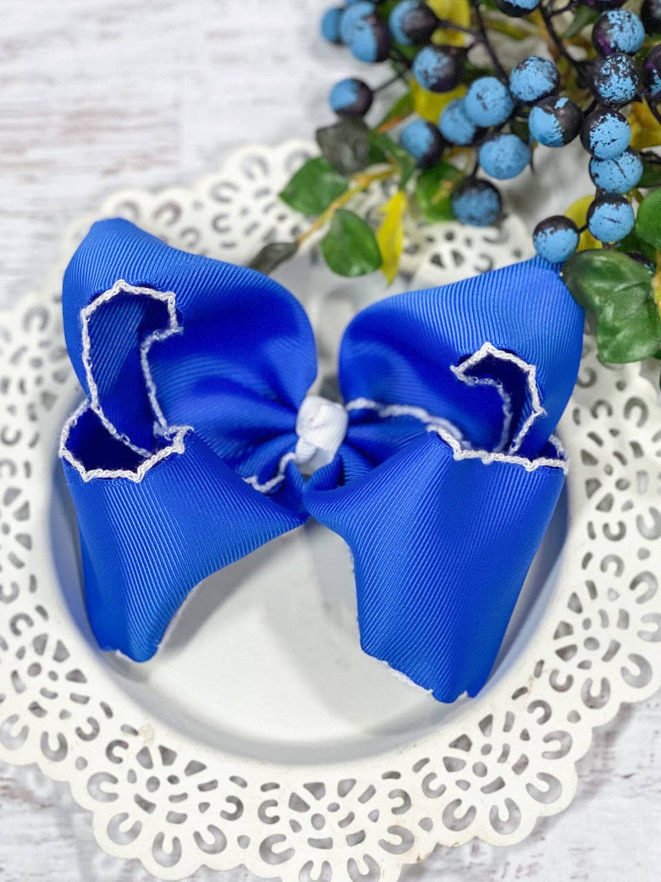 Royal Blue & White Moonstitch Oversized Hair Bow: Royal Blue/White