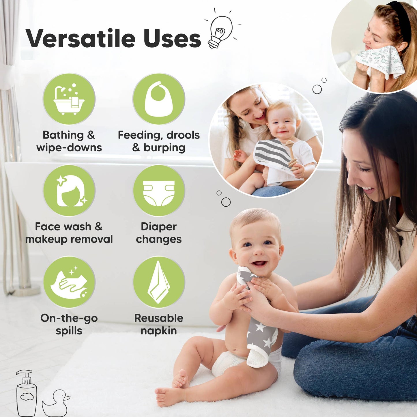 6-Pack Organic Cami Baby Washcloths for Face & Bath Towels: Grayscape