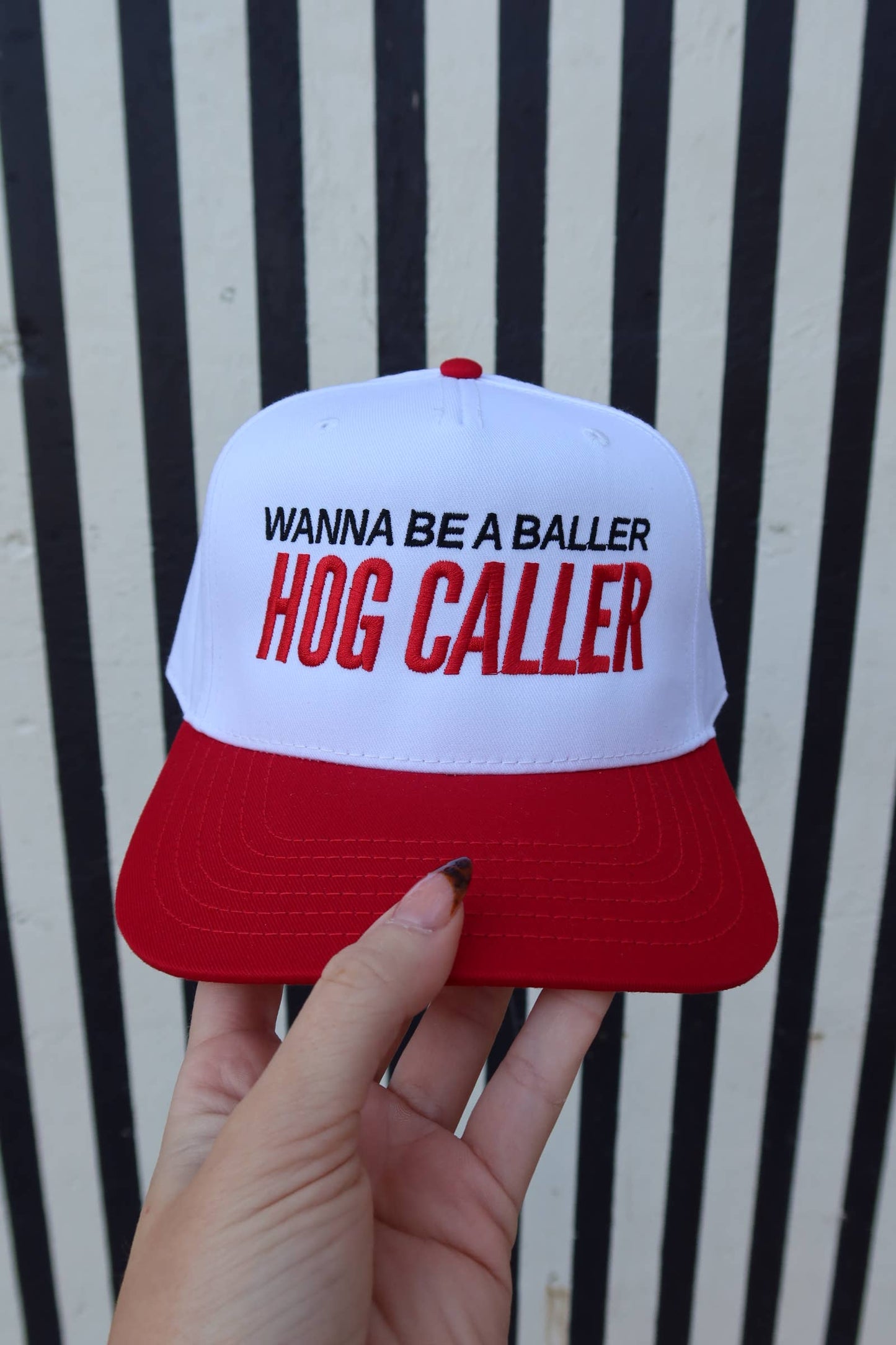 Wanna Be a Baller Hog Caller Arkansas Vintage Trucker Hat: Red/White