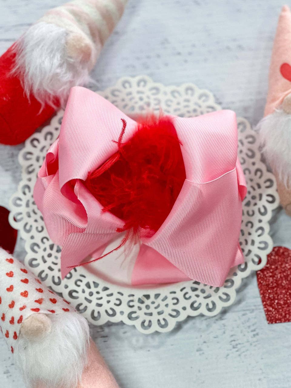 Texas Size Pink & Red Feather Puff Hair Bow