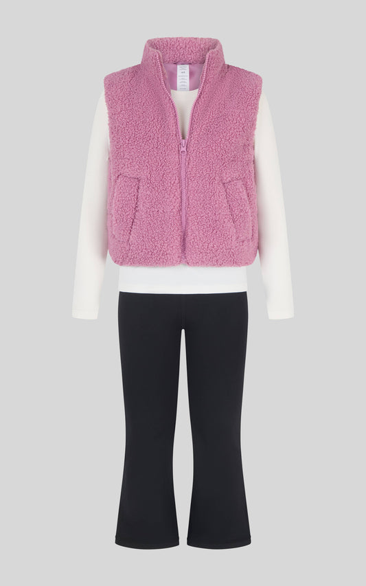 Toddler Girls Sherpa Puffer Vest, Top, Flare Pants 3 PCS Set: MAUVE ORCHID
