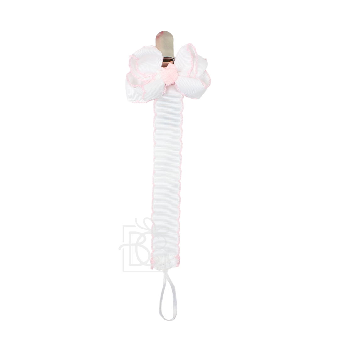 Crochet Edge Grosgrain Pacifier Clip w/ Detachable Bow: White w/ Light Pink Crochet Edge