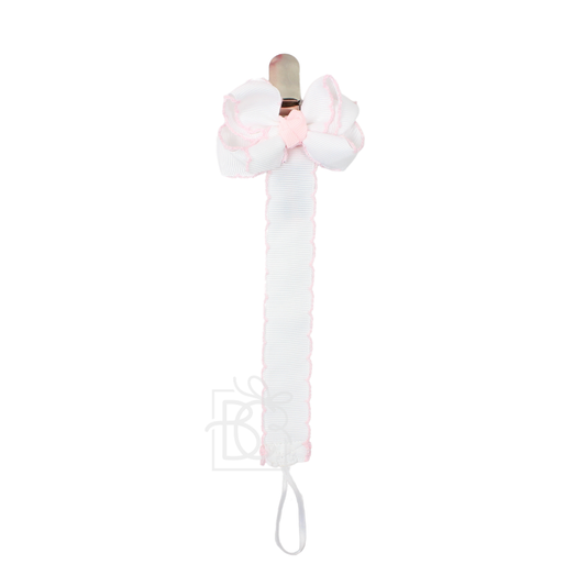 Crochet Edge Grosgrain Pacifier Clip w/ Detachable Bow: White w/ Light Pink Crochet Edge