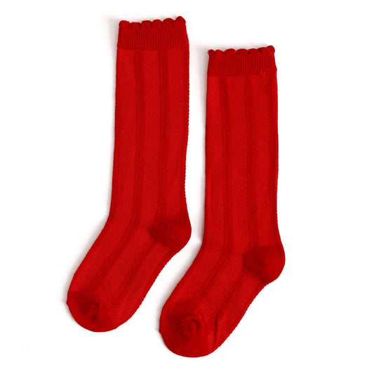 Bright Red Scalloped Knee High Socks: 1.5-3 YEARS