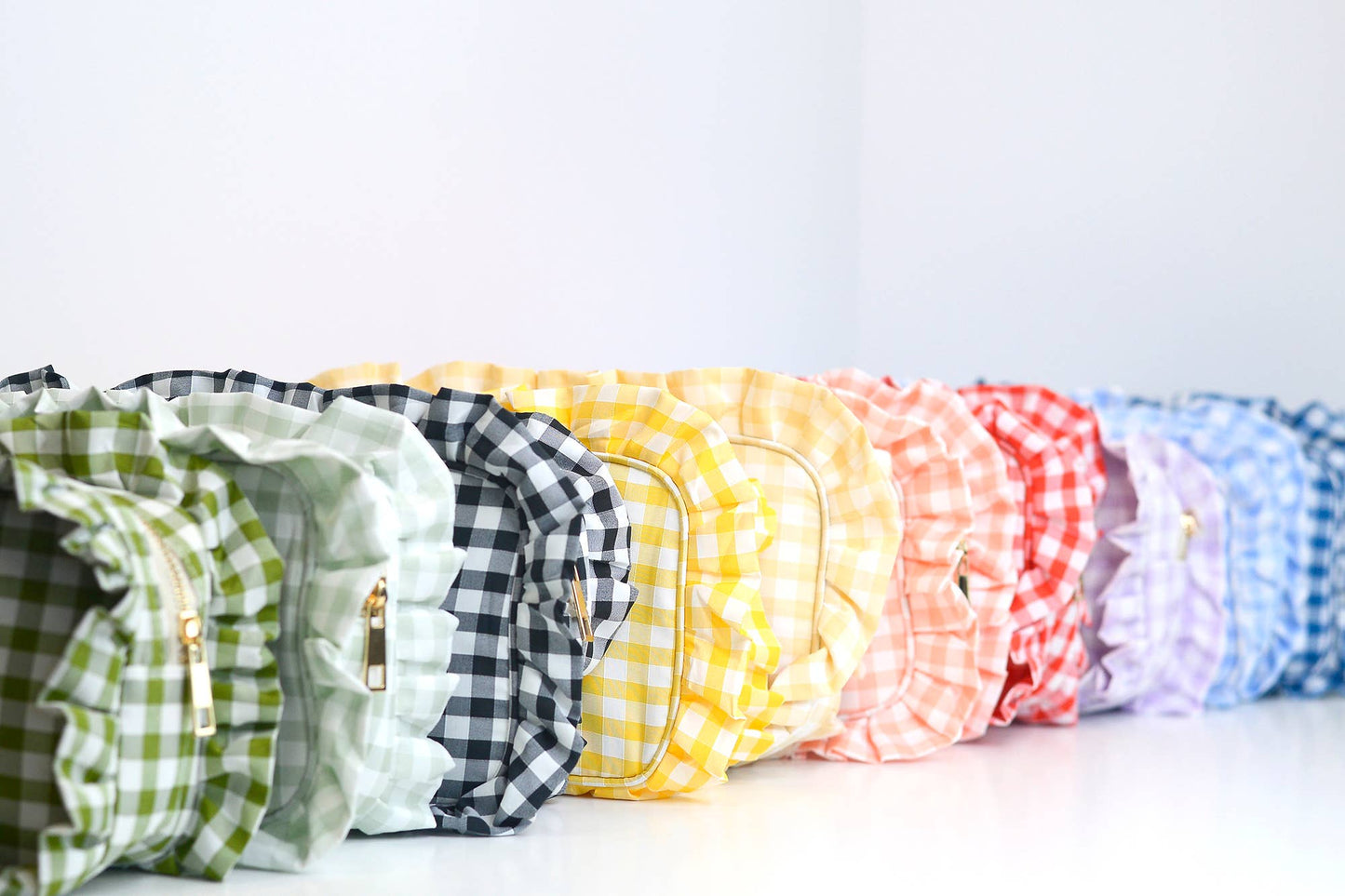 Gingham Ruffle Zipper Pouch Embroidery Friendly Cosmetic Bag: Peach