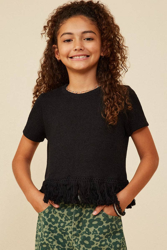 Girls Fringed Tassel Hem Textured Knit Top - 4 Pack: Black / Pack