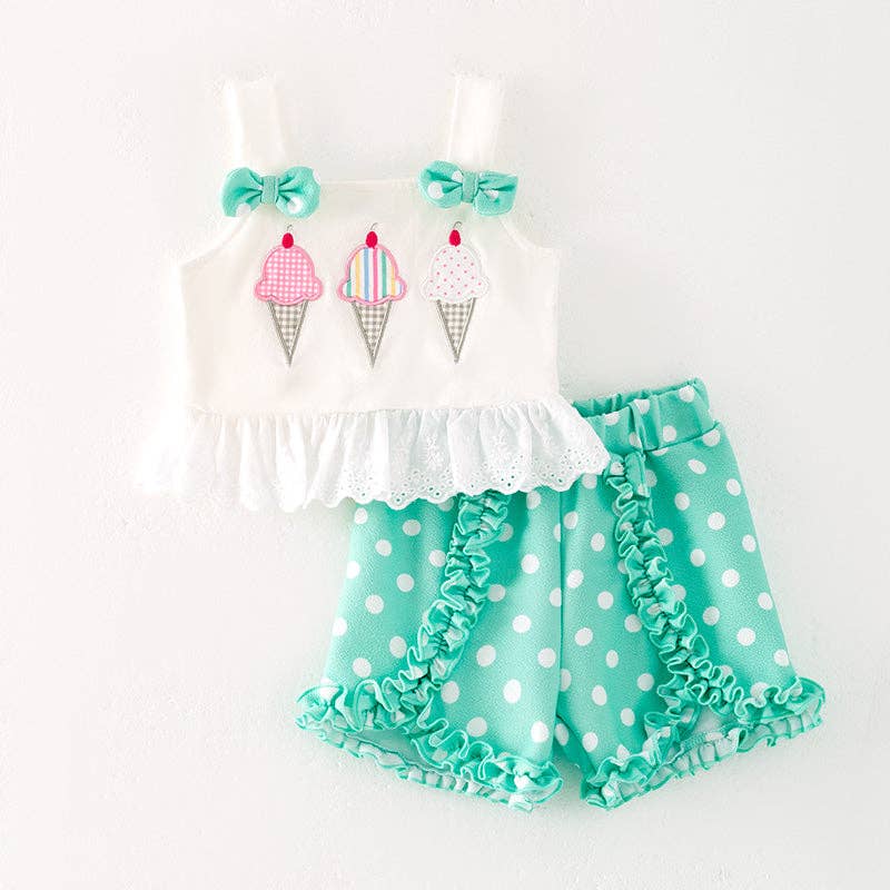 Girls Summer Mint Dot Ice-cream Applique Short Set: 3T