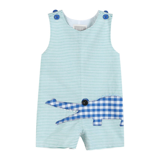 Aqua Striped Alligator Applique Shortalls
