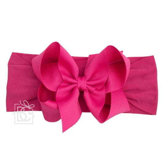 WIDE PANTYHOSE HEADBAND W/CLASSIC GROSGRAIN BOW: FUCSHIA / 3+ Months / 4.5" Large