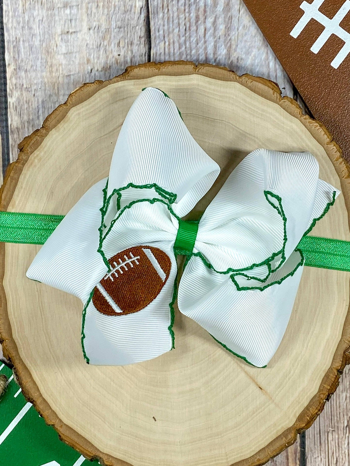 Football Embroidered Moonstitch Bow Headbands: Blue/White