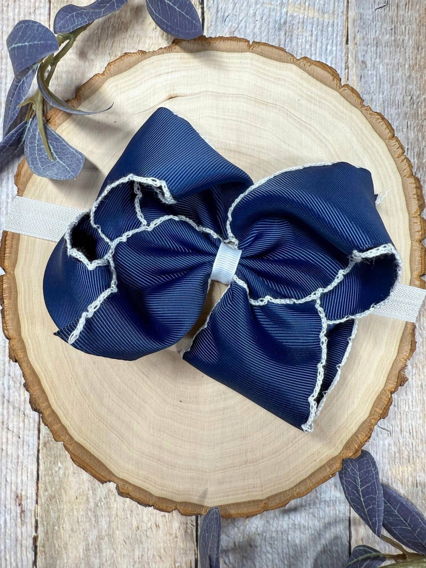 5" Classic Moonstitch Boutique Bows Girls Hair Accessories | Clip or Headband: Purple with White Moonstitch / Hair Bow on Clip