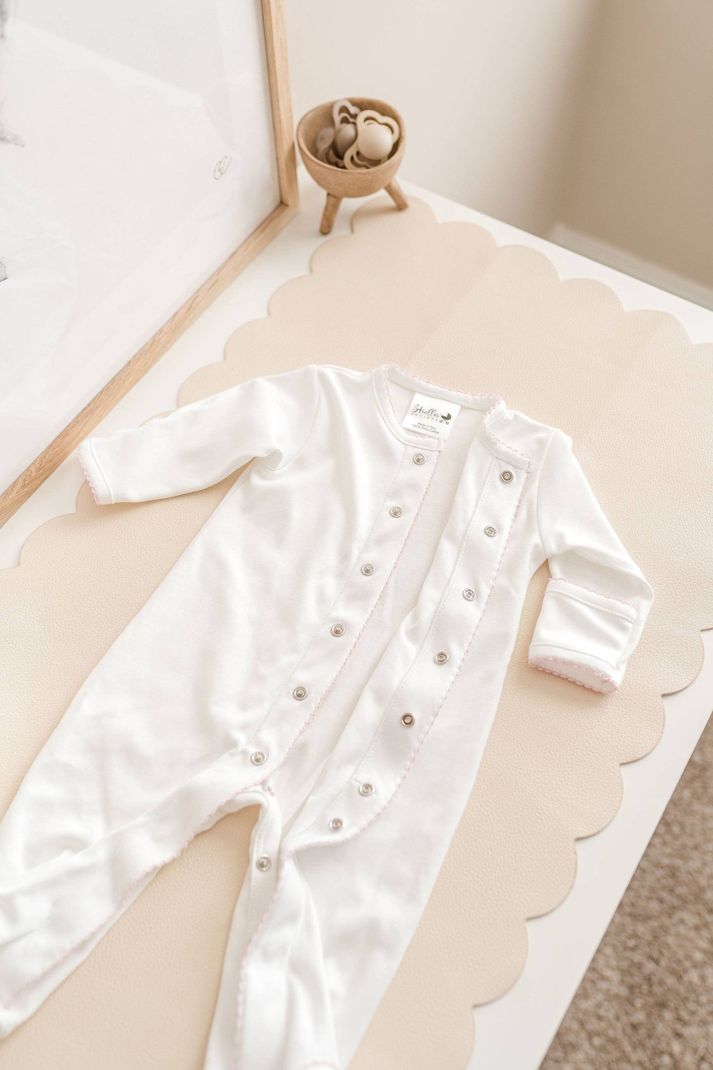Pima Cotton Footie - Pastel Embroidery blanks - Baby Blanks: White w Baby Blue Picot Trim
