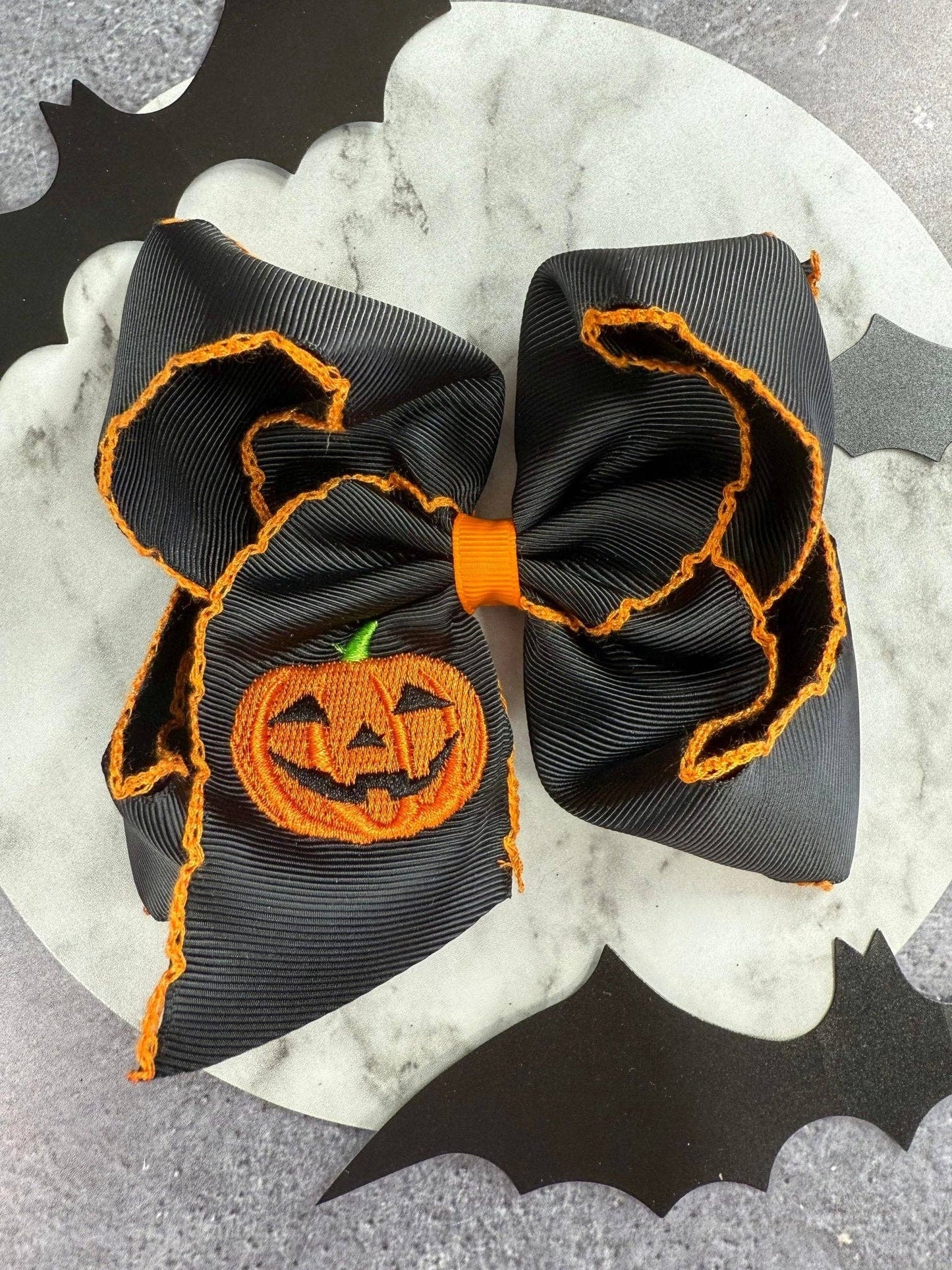 Jack-o-Lantern Embroidered Moonstitch Hair Bow | Headband