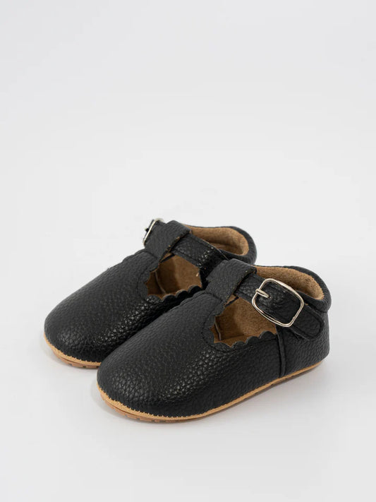 T-Strap Scalloped Buckle Shoes- Black
