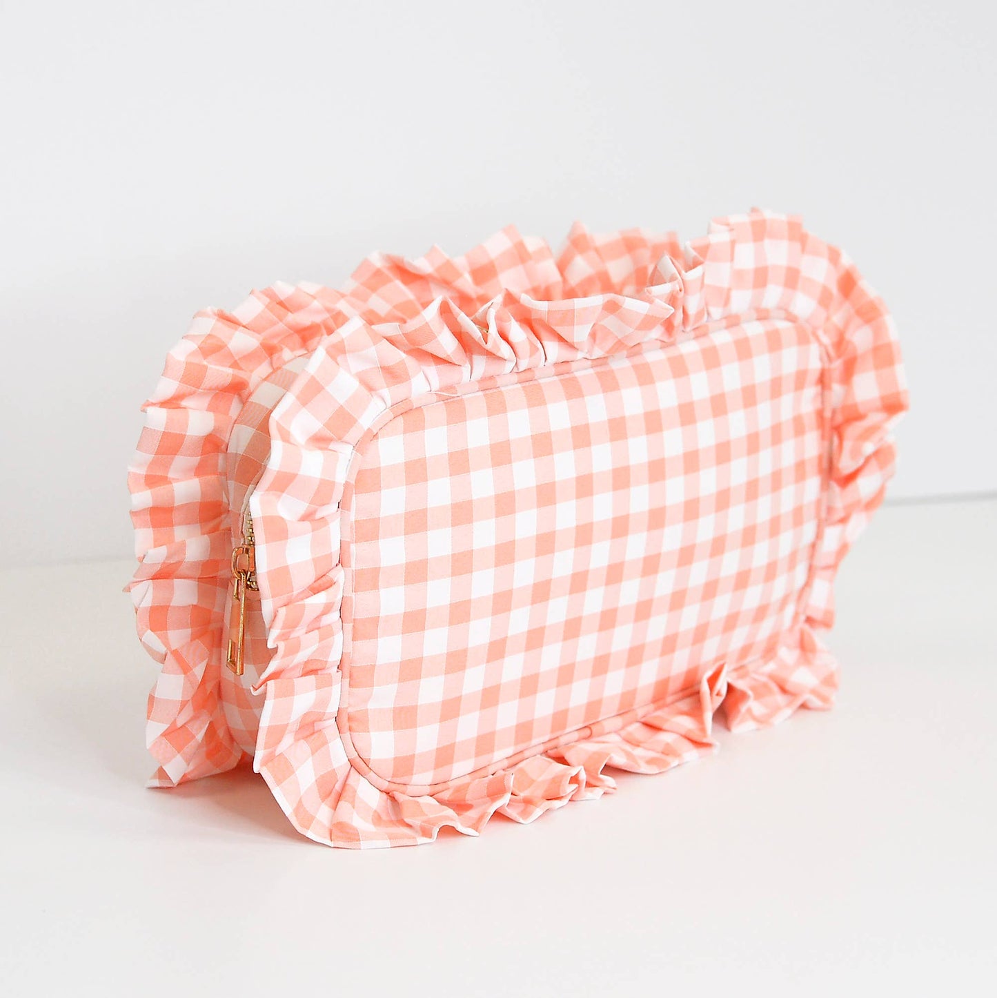 Gingham Ruffle Zipper Pouch Embroidery Friendly Cosmetic Bag: Royal