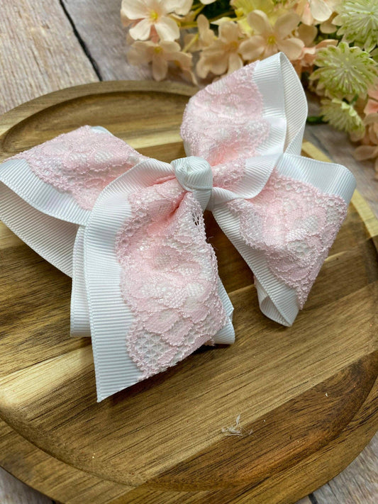 Chantilly Lace Two-Tone Bow  | Classic Lace Baby & Toddler Hair Bow: White with Light Pink