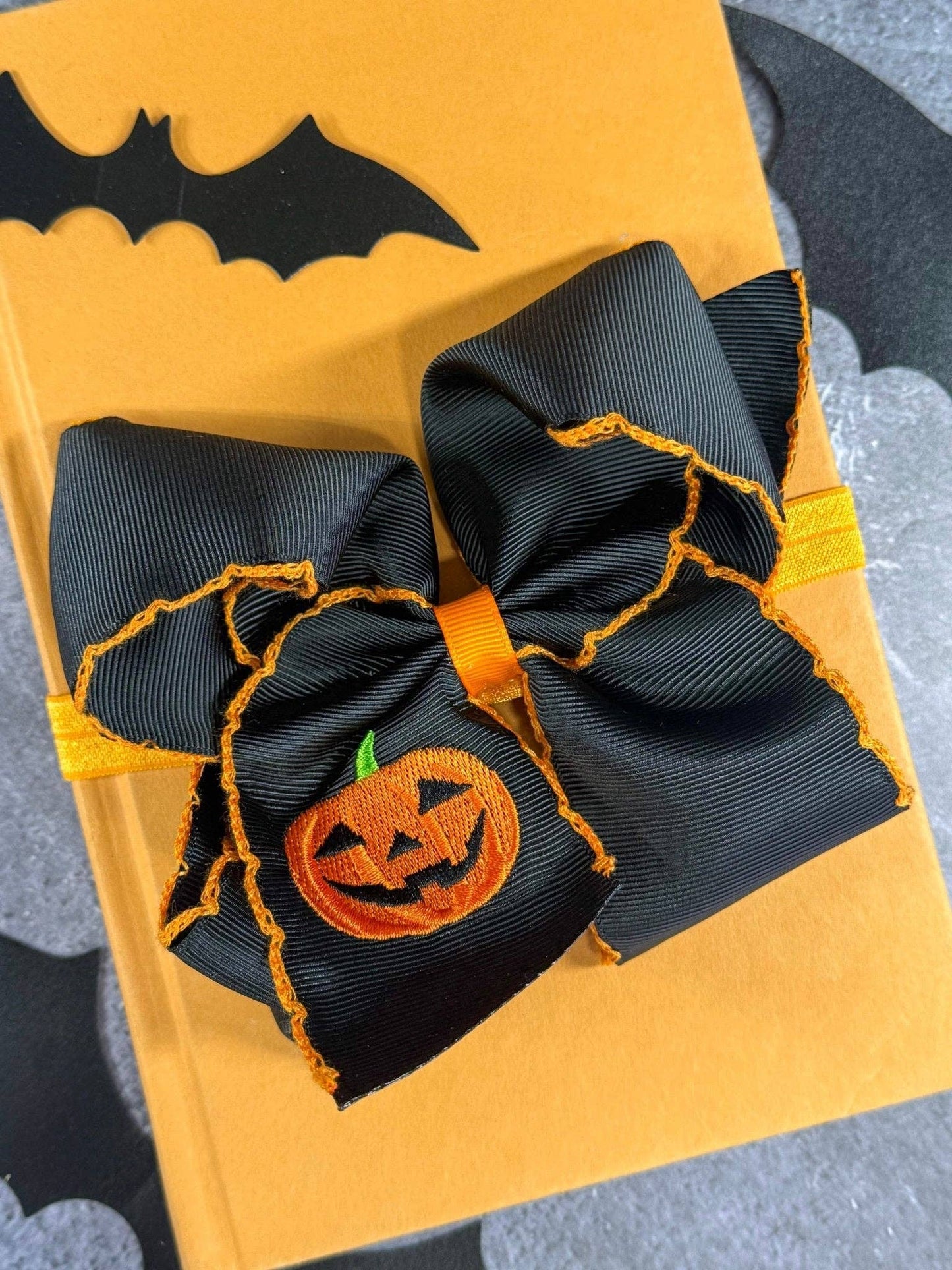Jack-o-Lantern Embroidered Moonstitch Hair Bow | Headband