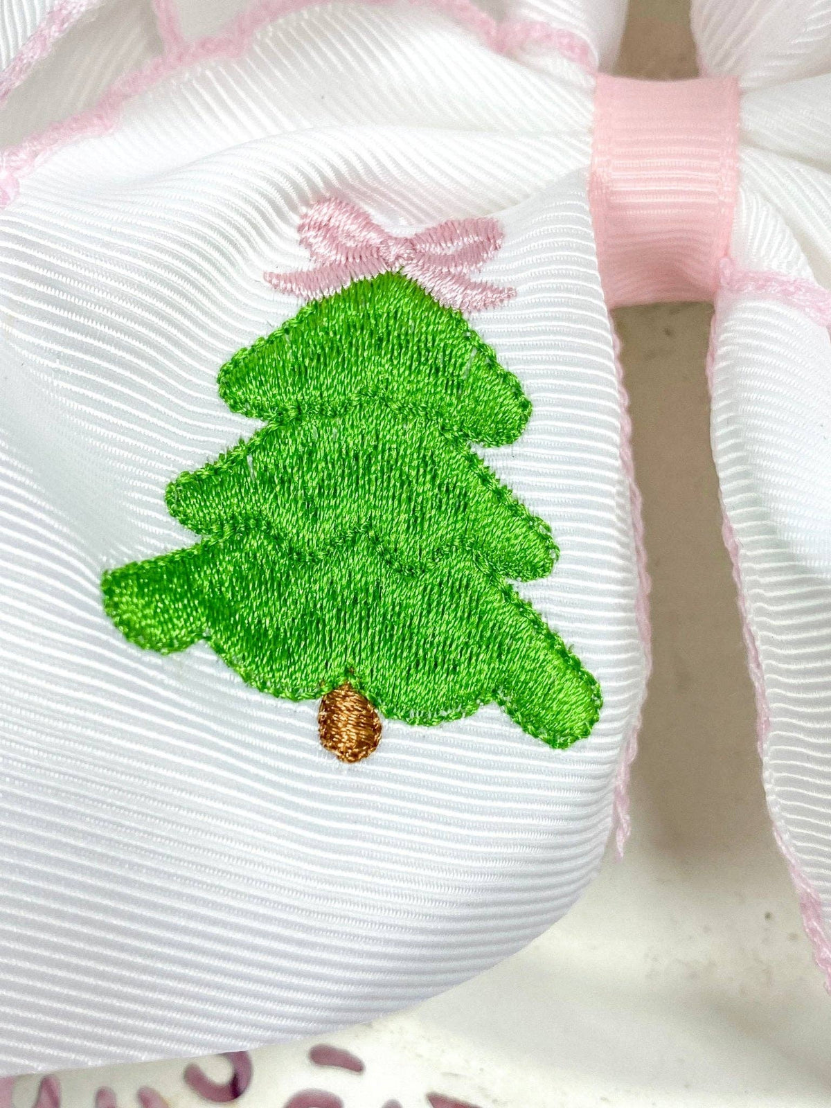 Pink Christmas Tree Embroidered Hair Bow | Clip or Headband: Clip