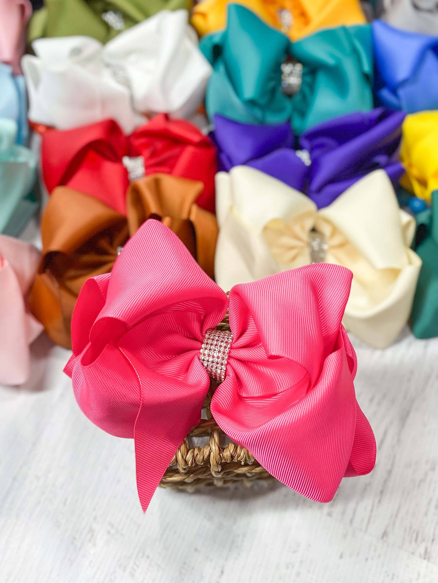 Oversize Rhinestone Hair Bows - French Clip - 5.5": Red