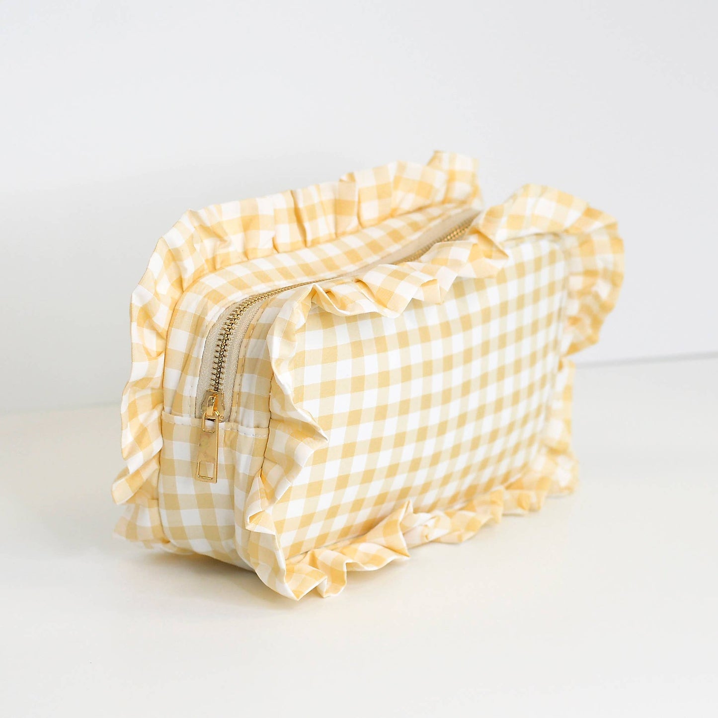 Gingham Ruffle Zipper Pouch Embroidery Friendly Cosmetic Bag: Purple