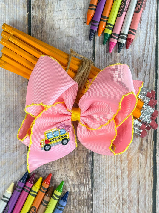 School Bus Embroidered Moonstitch Hair Bow | Clip or Headband: Clip