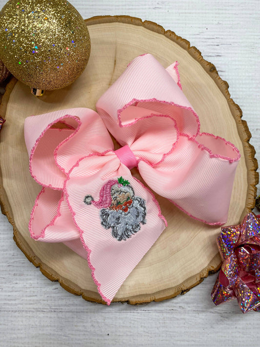 Pink Santa Embroidered Hair Bow | Clip or Headband: Clip