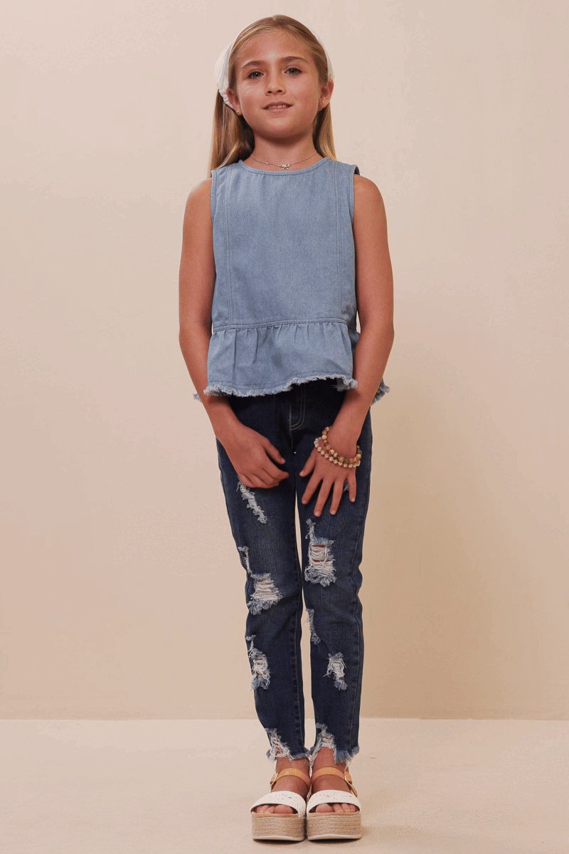 Girls Buttoned Back Denim Peplum Tank: Light Denim / Pack