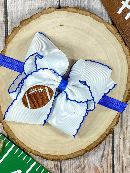 Football Embroidered Moonstitch Bow Headbands: Blue/White