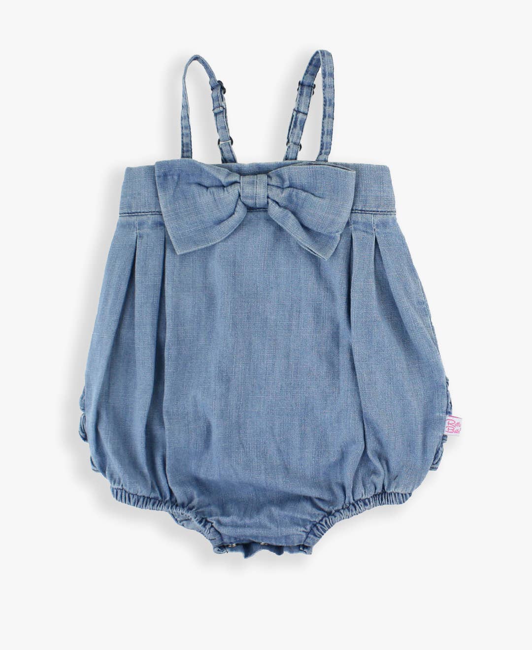 Baby Girls Light Wash Denim Bow Front Bubble Woven Romper