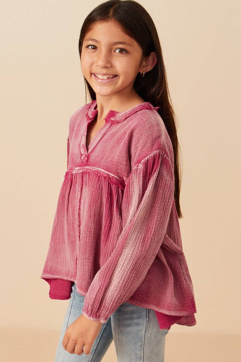 Girls Washed Raw Edge Puff Sleeve Peplum Top