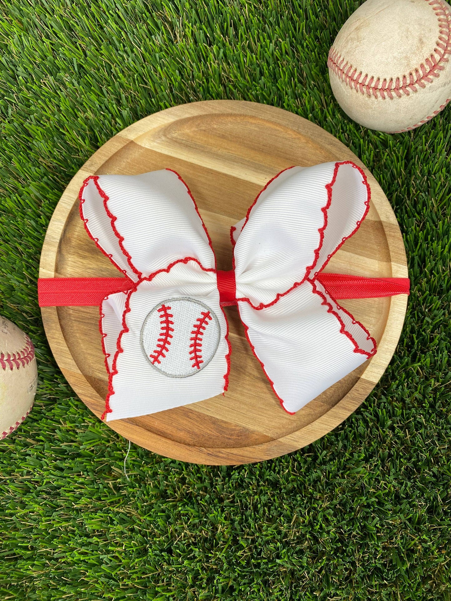 Moonstitch Embroidered Baseball Classic Hair Bow | Clip or Headband: Satin Elastic Headband
