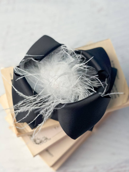 Texas Size Black & White Feather Puff Hair Bow