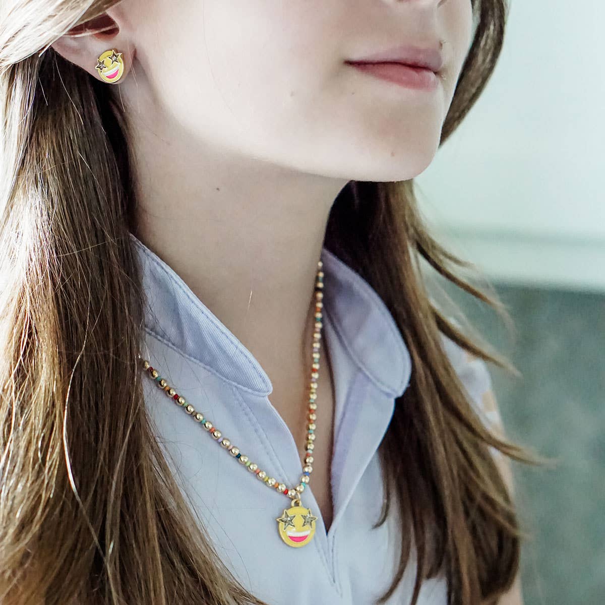 Jane Smiley Face Gold Ball Beaded Children's Necklace in Yel