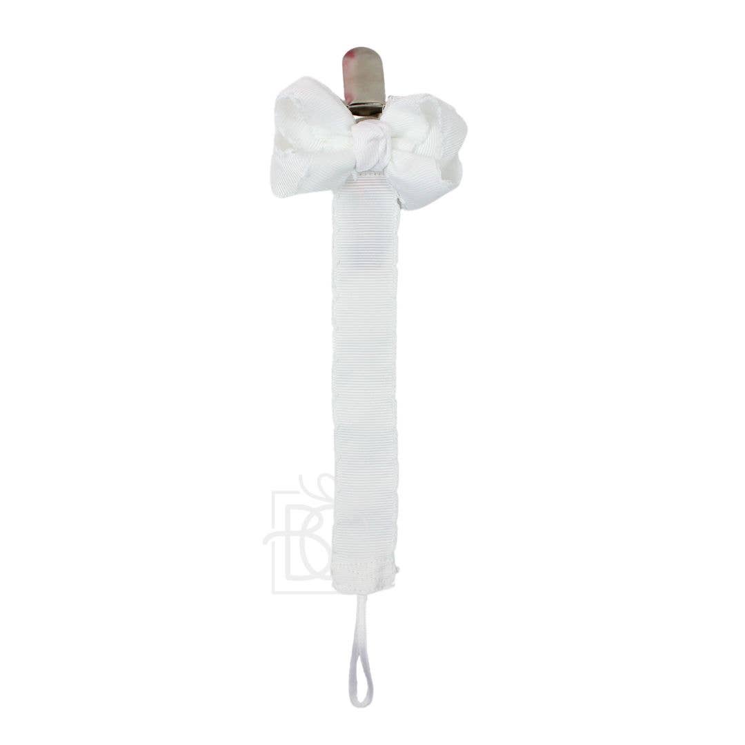 Crochet Edge Grosgrain Pacifier Clip w/ Detachable Bow: White w/ White Crochet Edge