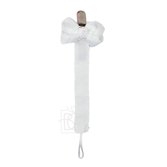 Crochet Edge Grosgrain Pacifier Clip w/ Detachable Bow: White w/ White Crochet Edge