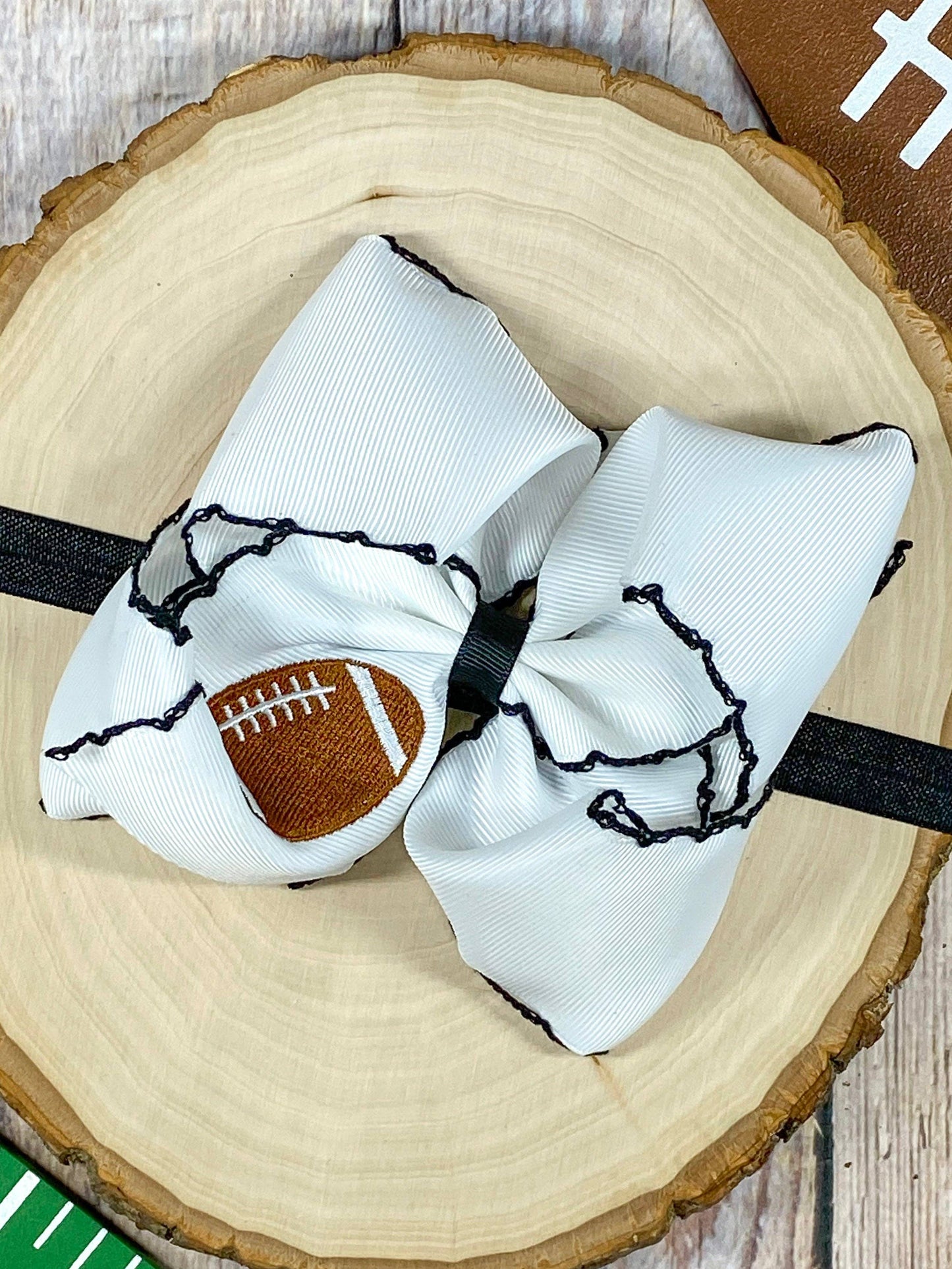 Football Embroidered Moonstitch Bow Headbands: Blue/White