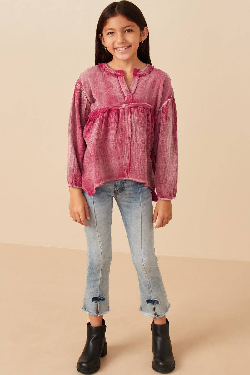 Girls Washed Raw Edge Puff Sleeve Peplum Top