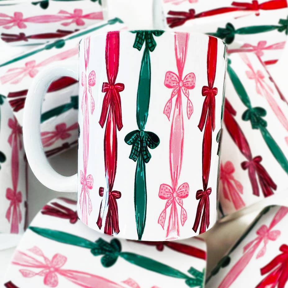Christmas Bow Ribbon Ceramic Coffee Mug, Christmas Mugs, Coquette